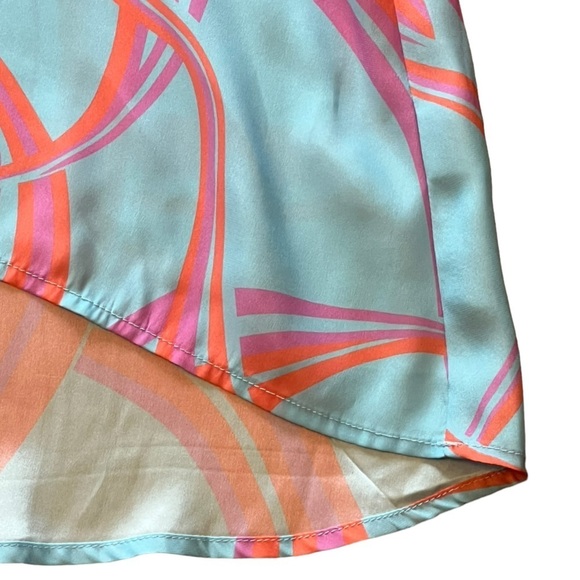 La Roque Park 100% silk blue, coral, and pink top with statement sleeves - Picture 6 of 12